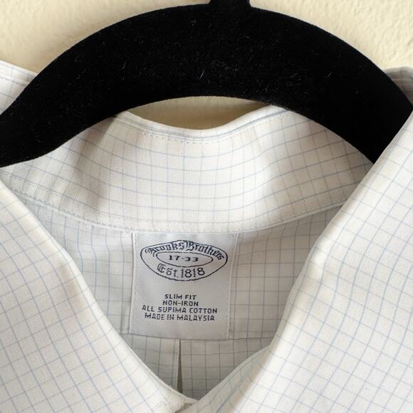 Brooks Brothers White + Blue Plaid Slim Fit Pima Cotton Non-Iron Button Up - Picture 4 of 7